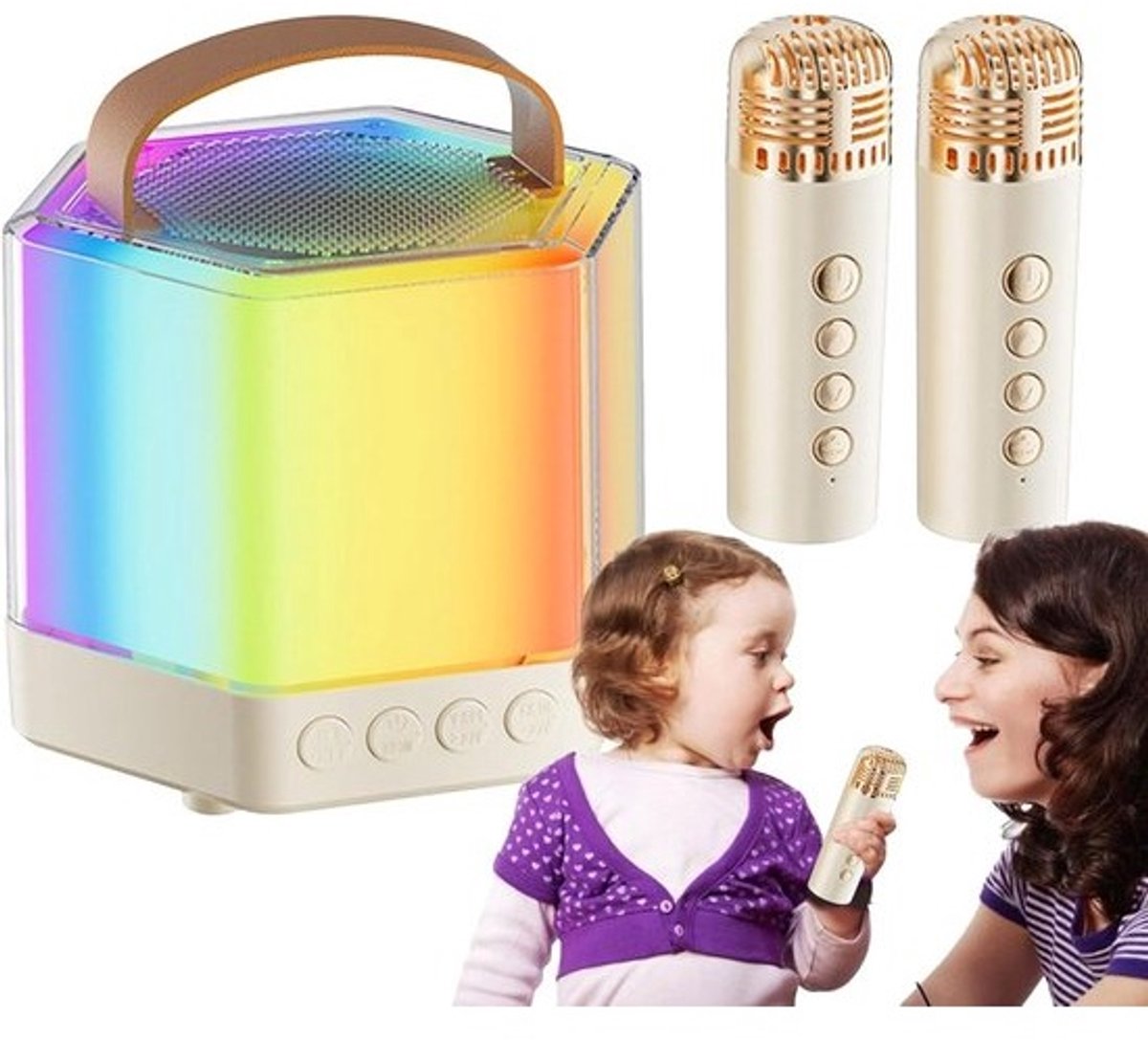 Karaokemachine met Microfoons - Draagbare Zanginstallatie - Feesten en Bijeenkomsten - Dynamische RGB-verlichting - 12 x 12 x 12 cm