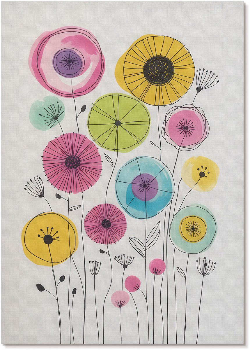 Tulup Polycanvas Wandposter - Kleurrijke Bloemen, Illustratie - A4 - Roze Wandposter - Rechthoek - Interieurdecoratie - Woonkamer, Slaapkamer, Kantoor - Kinder