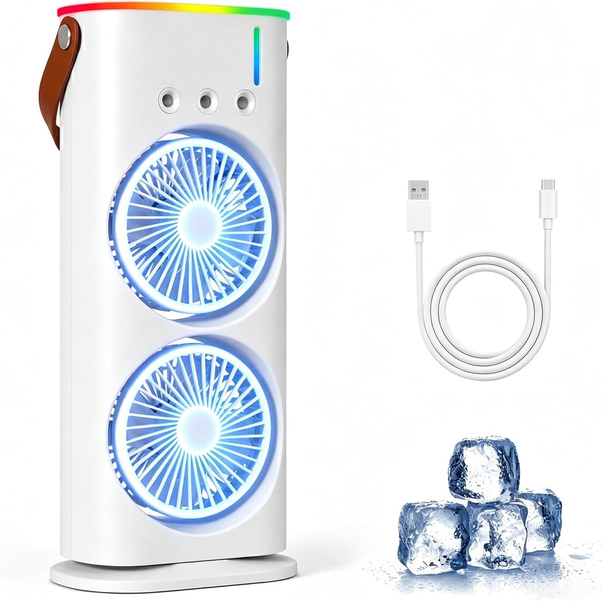 Draagbare mini-airco, 280 ml luchtkoeler, 4-in-1 draagbaar apparaat, 3 snelheden, 3 vernevelingsstanden, ledverlichting in 7 kleuren, USB-ventilator & luchtbevochtiger voor de slaapkamer