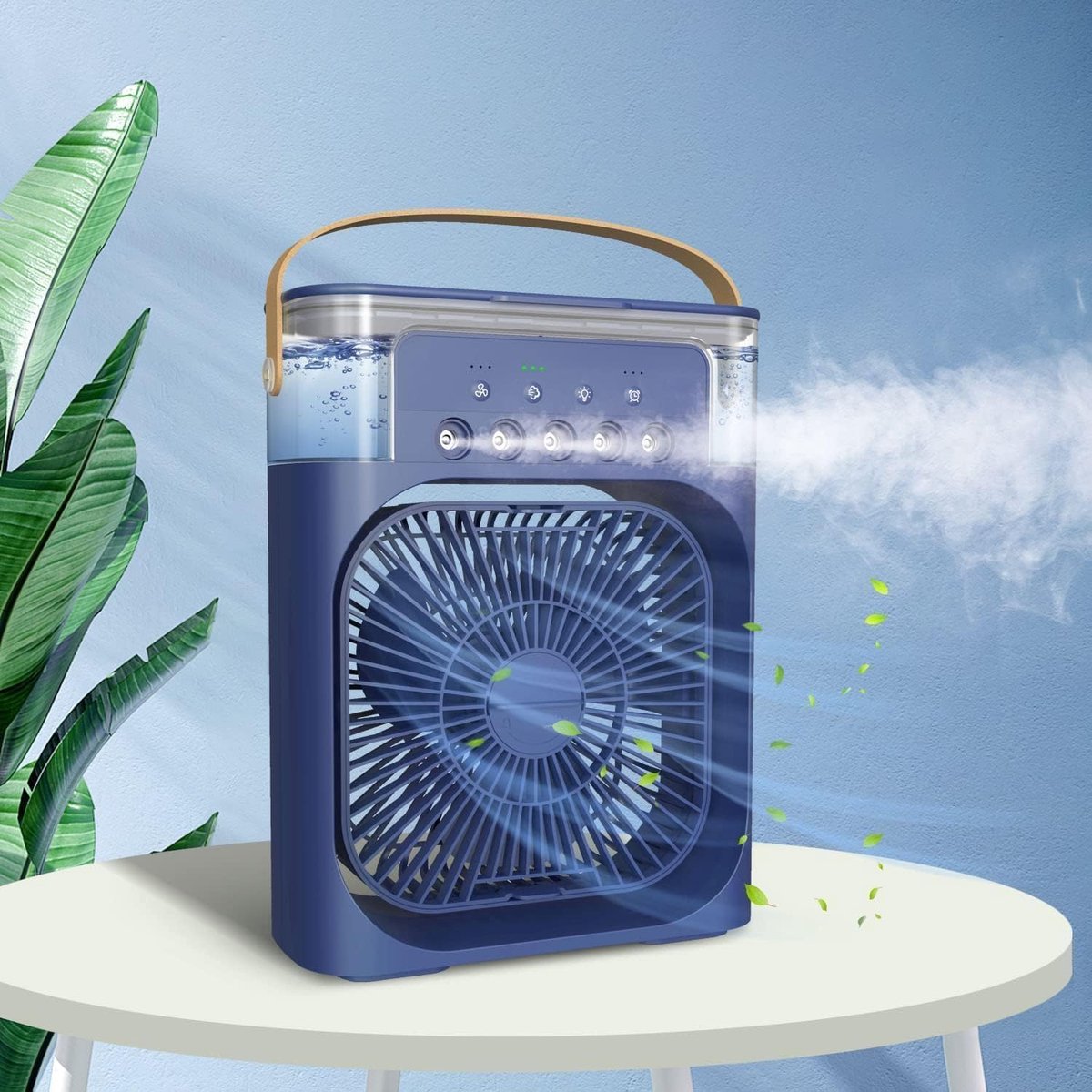 Draagbare USB-miniairco - ventilator voor op het bureau met vernevelaar, aromadiffuser, luchtbevochtiger, timer, automatische uitschakeling, draaifunctie, 7-kleuren-led en stille werking – Voor thuisgebruik - blauw