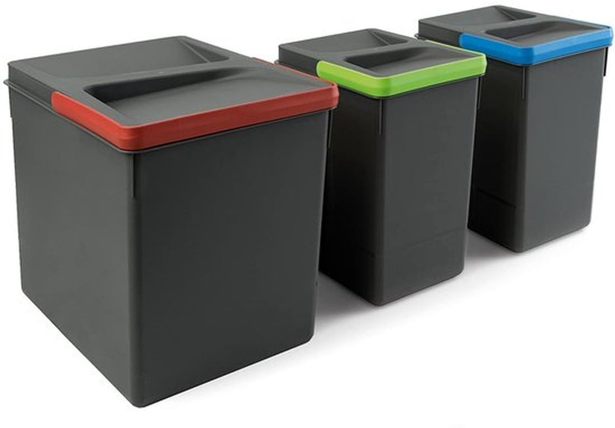 Recyclingcontainers - Afvalscheiding - 3-in-1 systeem - Antraciet grijs - Keukenoplossing - 29 Liter - Geschikt voor keuken - Antraciet