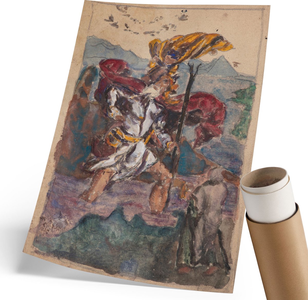 Coloray Polycanvas Wandposter - Sint Christoffel, Schilderen - 210 x 297 mm - Bruin Design - Rechthoek - Canvasposter - Woonkamer, Slaapkamer, Kantoor - Expressief