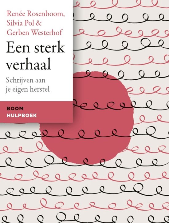 Boek "Een sterk verhaal" met rode cirkel en zwarte krullen op witte achtergrond.