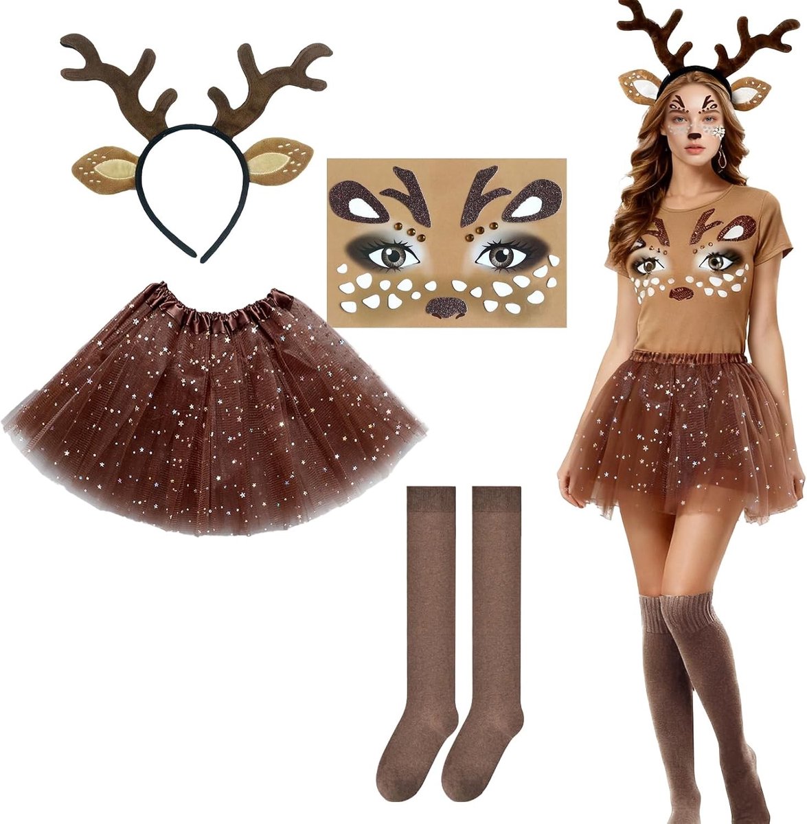 Dames Kostuum met Tutu Rok en Oren met Hert Antlers Hoofdband voor Kerst, Carnaval en Halloween Feesten