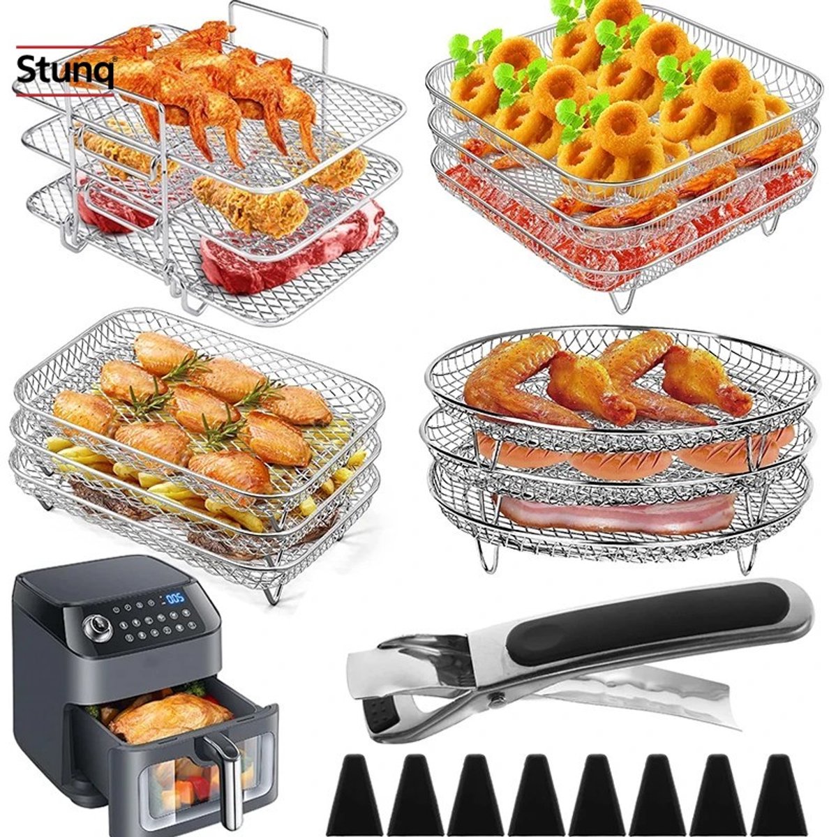 Stunq® Airfryer Rek 3-Lagen Metalen Racks met Tang voor Airfryer, Oven en Stoomoven