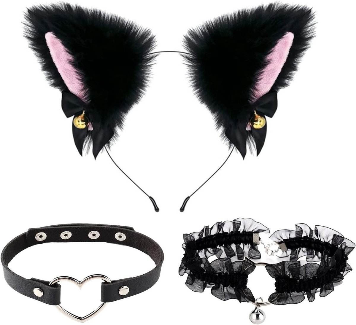 Dierenkostuum voor cosplay met kattenoren, hoofdband met bellen en ketting voor Halloween, carnaval en anime-feestjes.