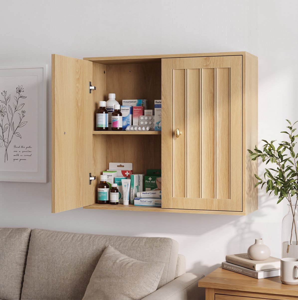 MODFU - Badkamerkast - Wandmontage - 2 Deuren - Verticale Groeven - Medicijnkast - Eikenkleur