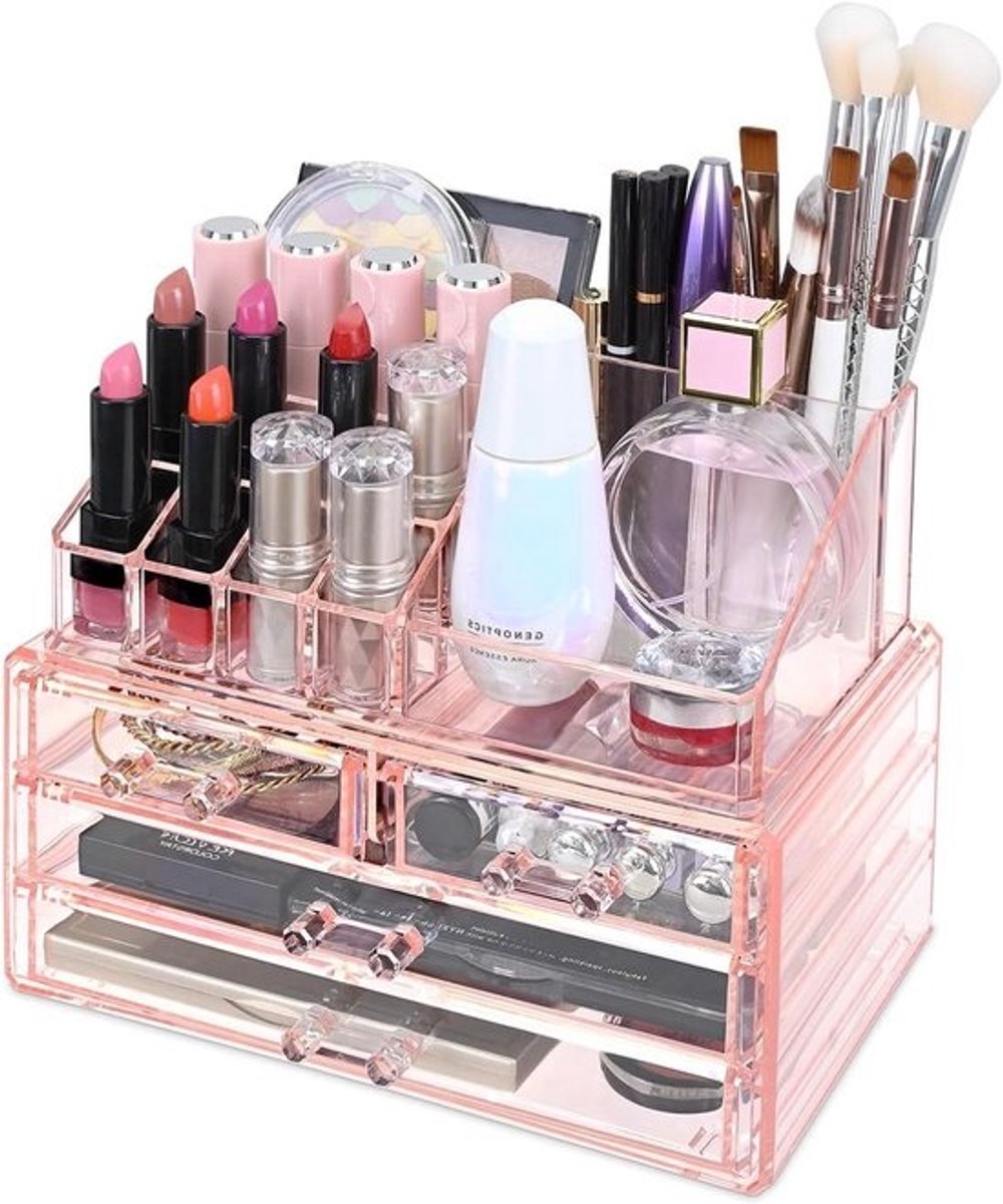 Sieraden en Make-up Organizer - Cosmetica Opbergdoos - Kaptafel Organiseren - Tweedelige Set - 24x14x18 cm - Roze