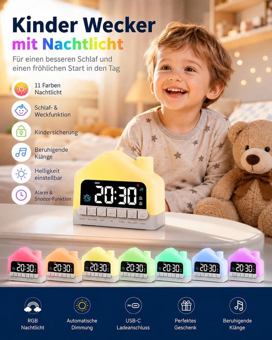 Kinderwekker Slaaptrainer - Nachtlampje Melodie - Avondroutine Ochtend - Zon Maan Symbool - USB-C Aansluiting - Wit — afbeelding 3