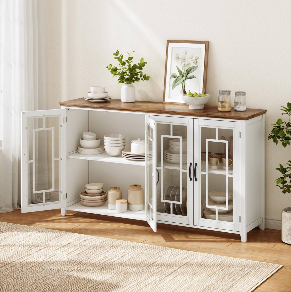 MODENUIT Dressoir - Glazen Deuren En Houtlook Blad - Keuken, Eetkamer En Woonkamer - MDF En Glas - Wit - 160 Cm