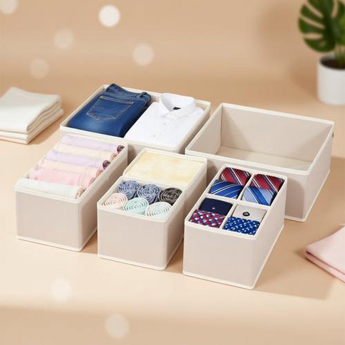 Lade Organiser Opvouwbare Kastlade Organizers - 6 Stuks, Creme - Opbergboxen voor Sokken, Bh's, Slips, Dassen & Sjaals