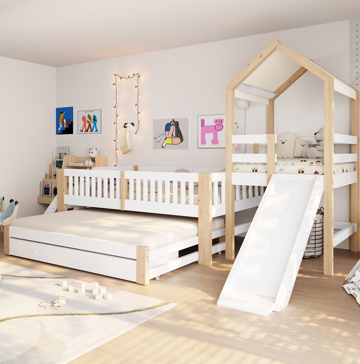 DESMIU Kinderbed 90x200 cm – Stapelbed Met Uitschuifbed 90x190 cm En Glijbaan – Met Laden En Zijtrap – Voor Kinderkamer – Hout Stof – Wit Natuurlijk – Zonder Matras