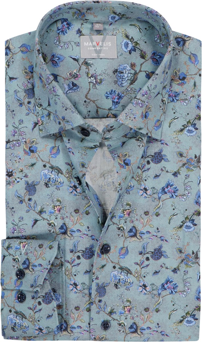 MARVELIS comfort fit overhemd - popeline - groen met blauw en paars bloemen dessin - Strijkvrij - Boordmaat: 50 (EU maat: 4XL)