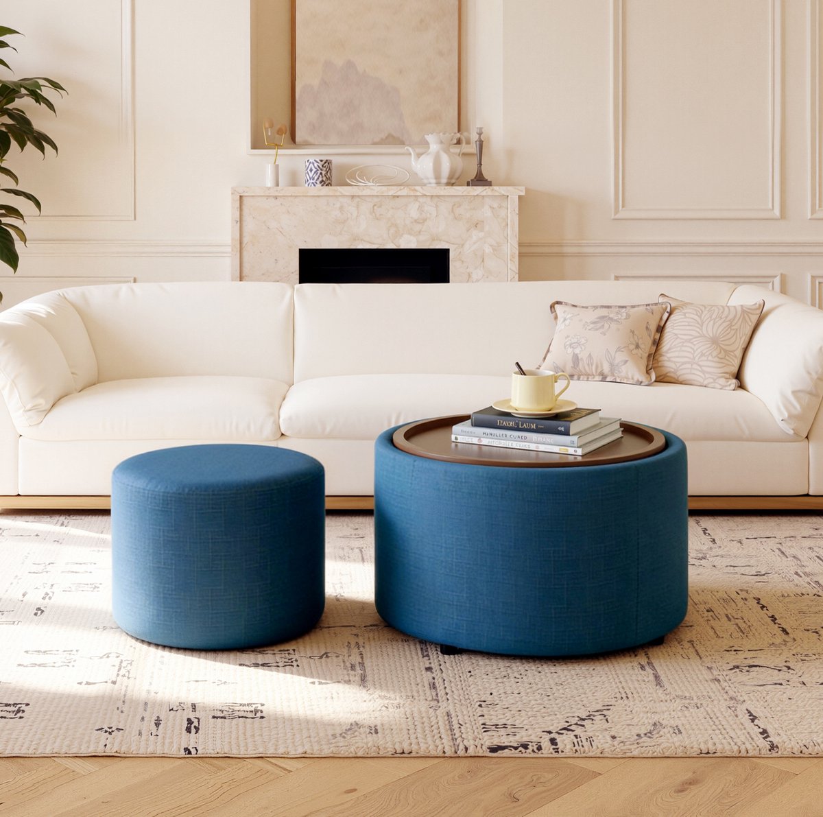 MODFU - Opberghocker - 2-Delig - Rond - Blauw - Linnen - 58 Cm