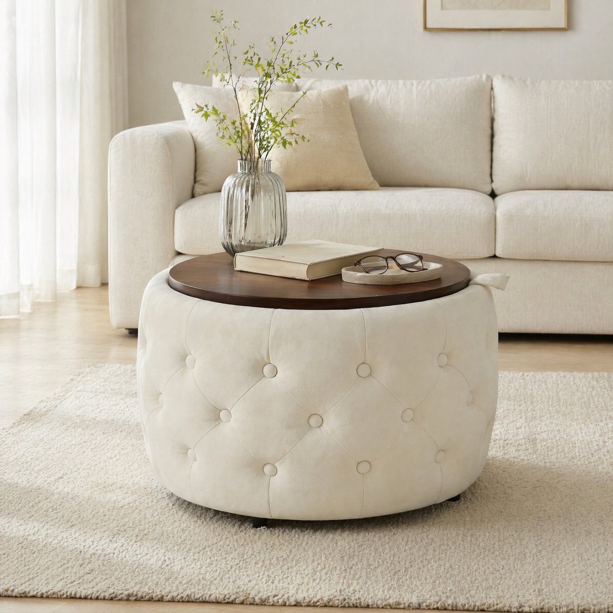 MODFU Poef - Rond - Opbergruimte - Houtblad - Beige