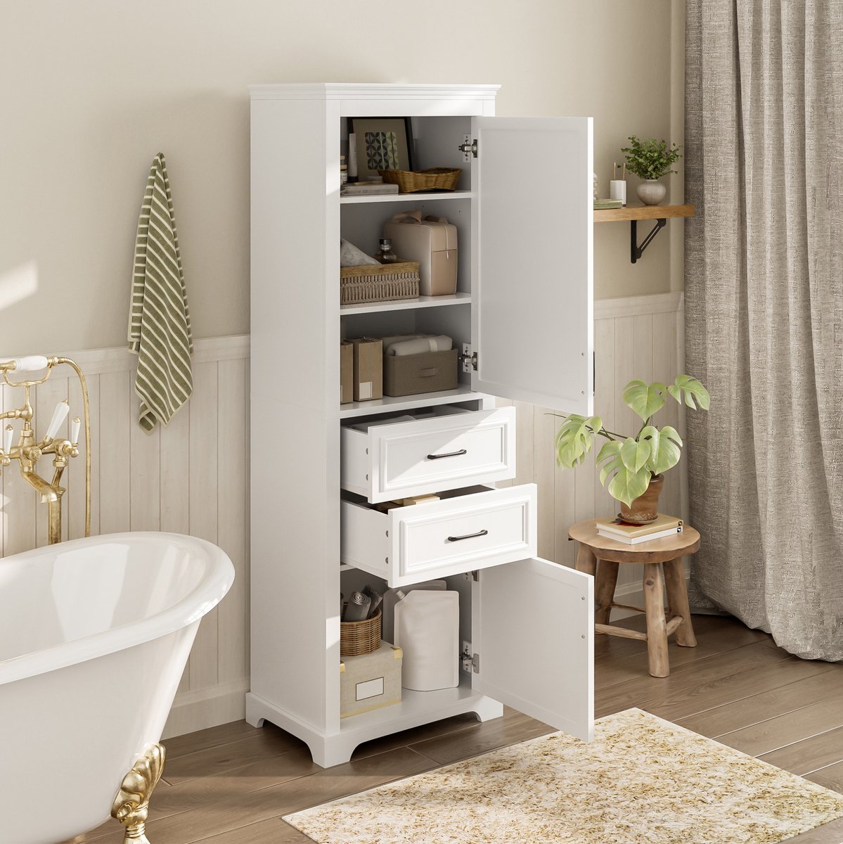 MODFU Badkamerkast - 2 Lades - 2 Deuren - Wit - MDF - 60 X 40 X 180 Cm