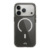 Zwart, glitterend iPhone 17 Pro MagSafe-hoesje met witte magnetische cirkel en xoxo Wildhearts-logo.