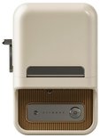 Vooraanzicht van de crèmewitte Niimbot B21 Pro labelprinter met bruine geribbelde accenten en aan/uit-knop.