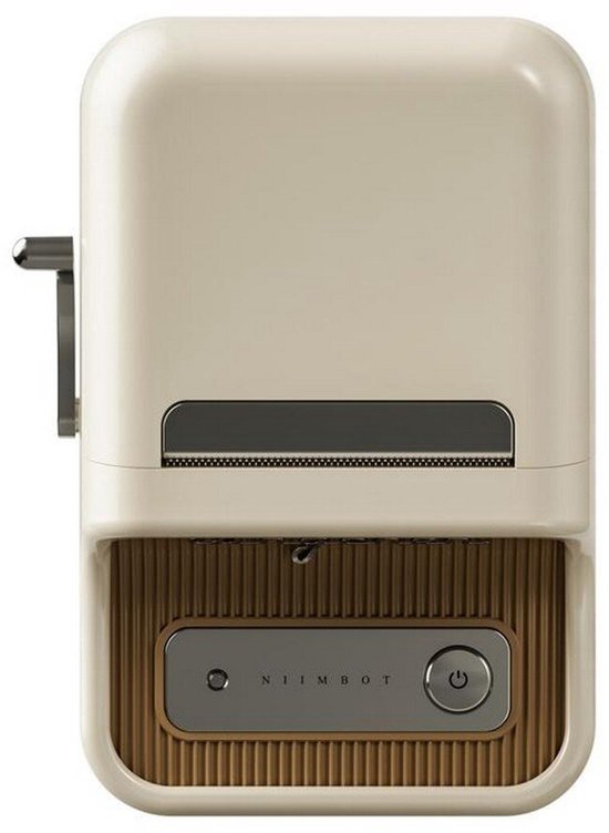 Vooraanzicht van de crèmewitte Niimbot B21 Pro labelprinter met bruine geribbelde accenten en aan/uit-knop.