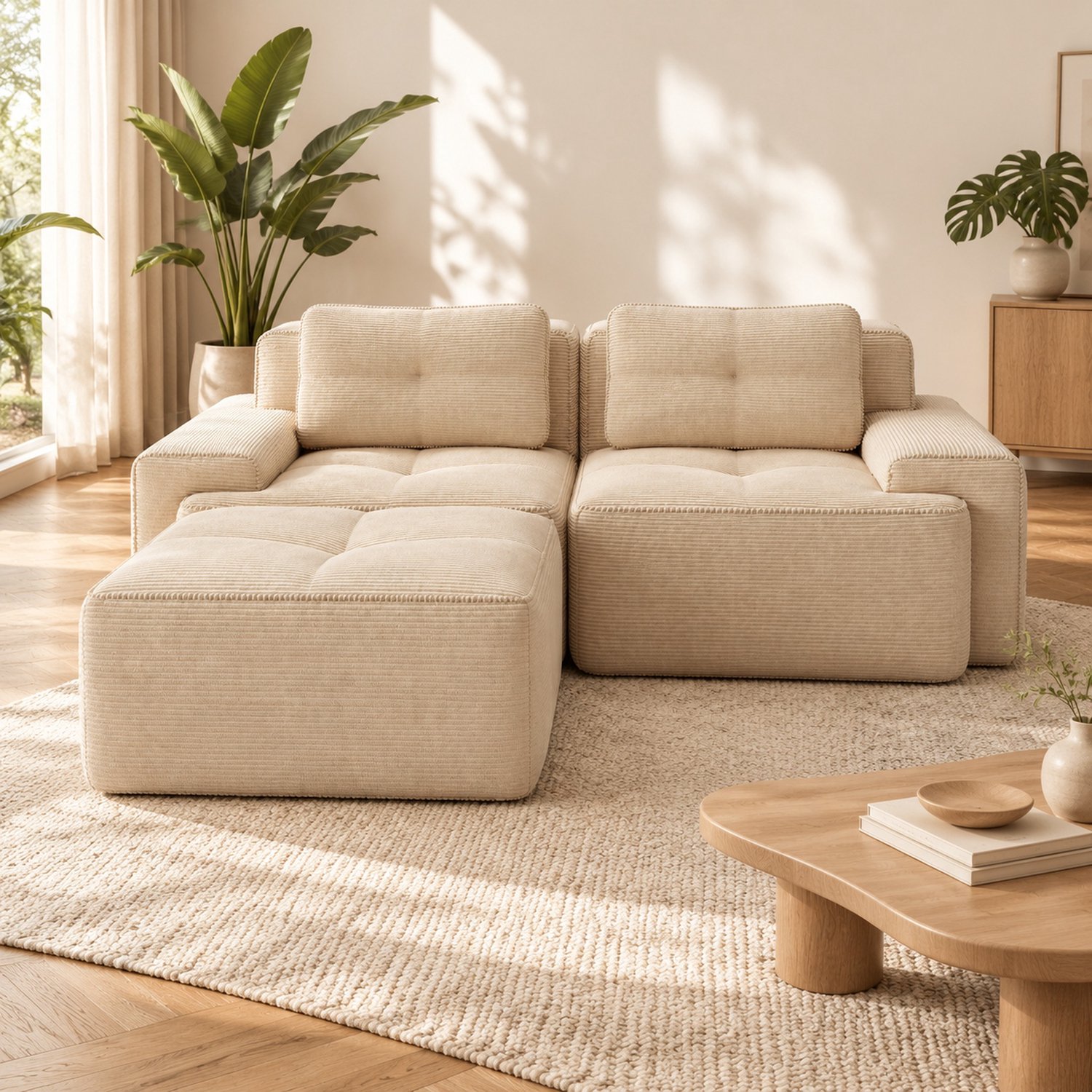 WUVRIE Modulaire hoekbank 204x177 cm - Met ottoman en slaapfunctie - Corduroy beige