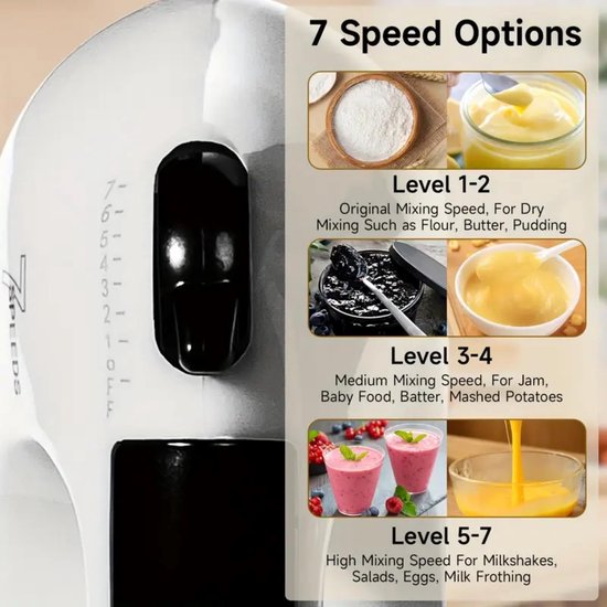 Handmixer 7 snelheden – 120W met roestvrijstalen kloppers en kneedhaken van Maisentiel — afbeelding 4