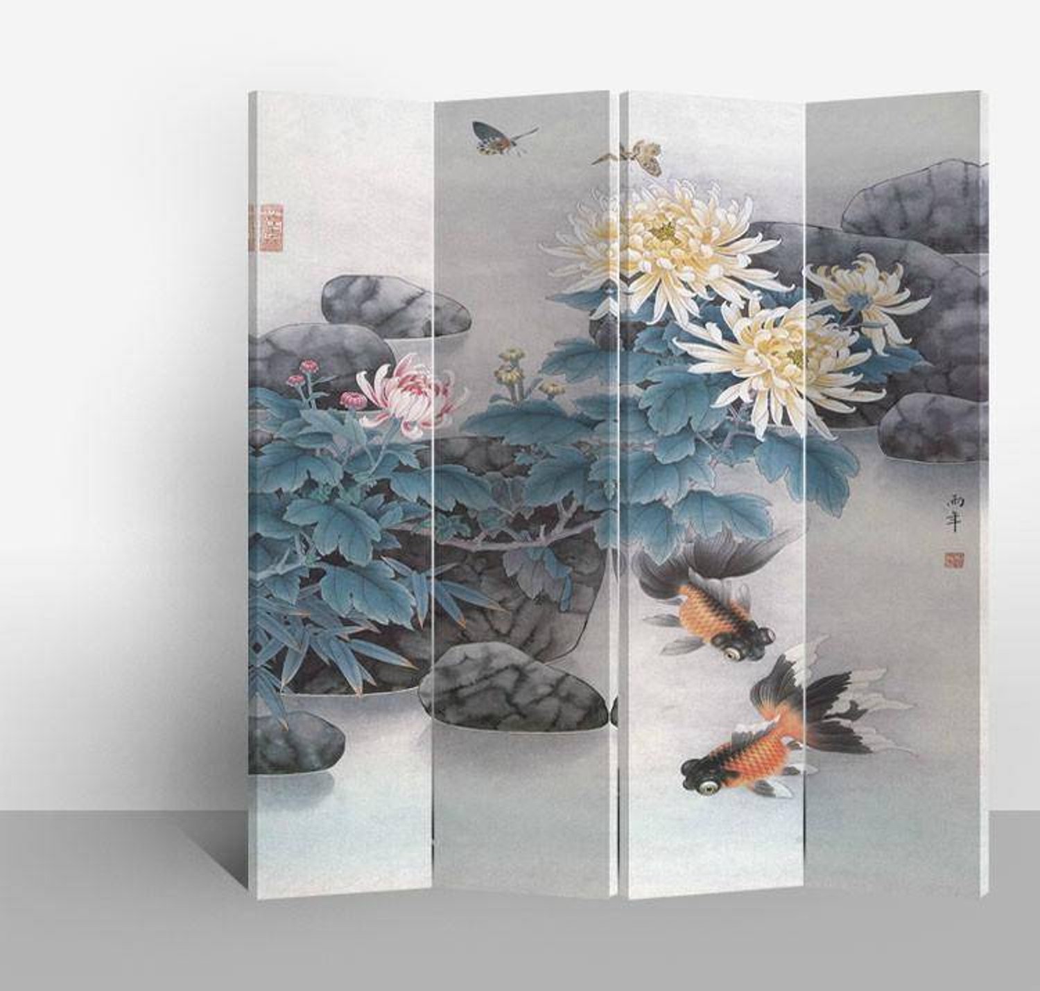 Fine Asianliving Chinees Kamerscherm Oosters Scheidingswand B160xH180cm 4 Panelen Vijver met Vis Wit, Multicolour