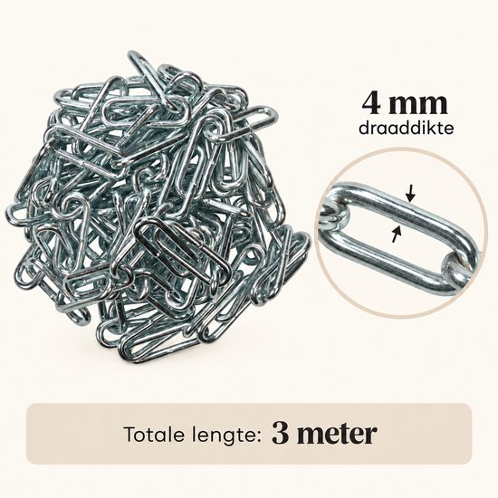 Zilveren metalen ketting met details: 4 mm draaddikte en 3 meter totale lengte.