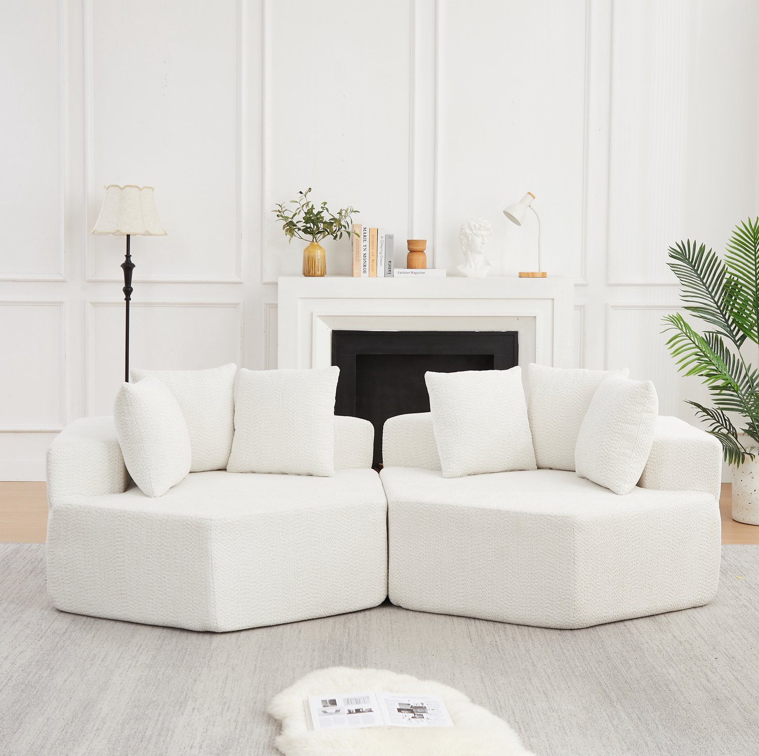 Wishdor Modulaire fauteuil - Zeshoekig ontwerp - Met 3 kussens - Comfortabele zitting met veren - Moderne stijl - Woonkamer leeshoek zithoek - Chenillestof - Beige - 138 x 122 x 76 cm