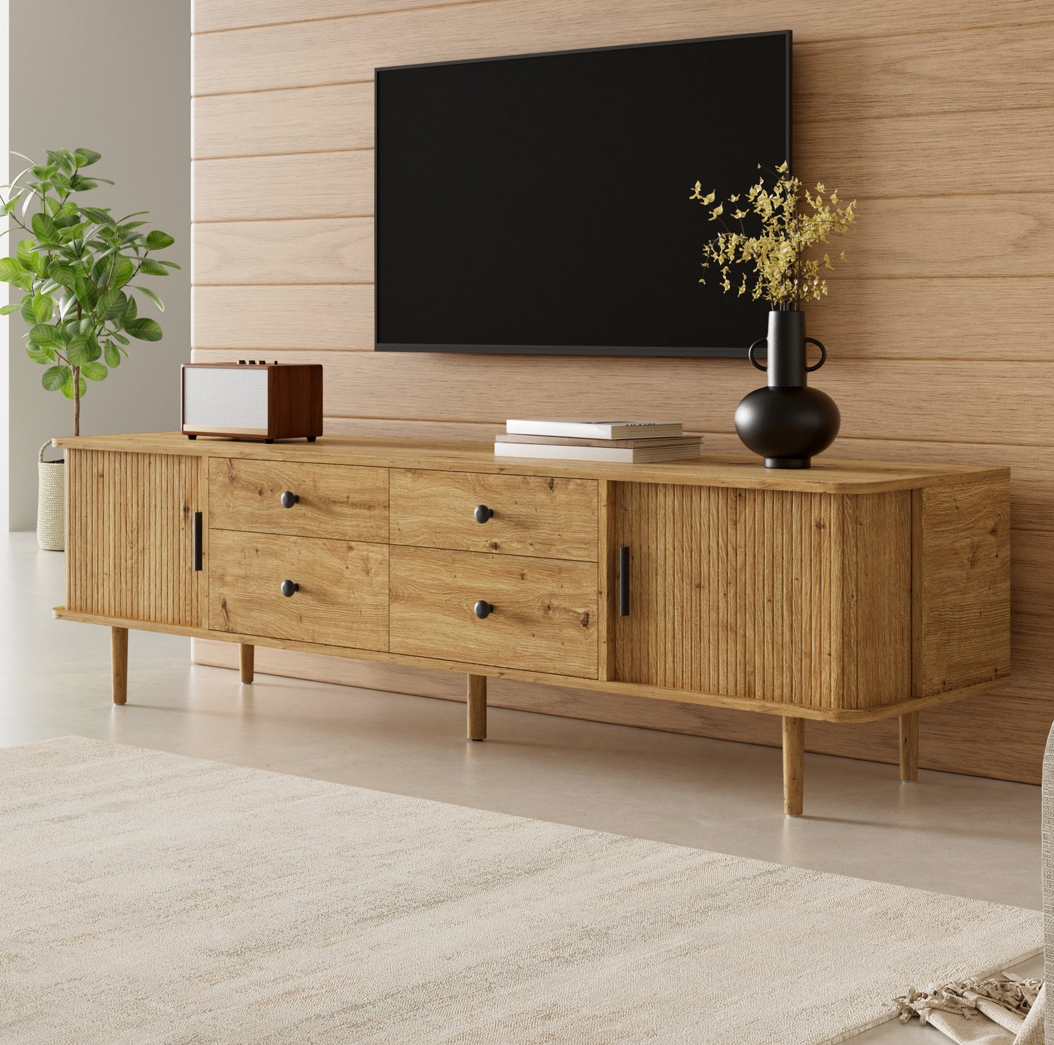 Maisentiel TV-lowboard 165 cm met 4 lades en 2 schuifdeuren - MDF, houtnerfkleur Houtkleur