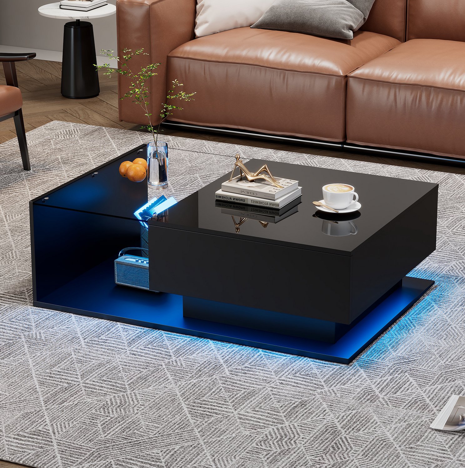 Maisentiel Salontafel 100 x 50 x 32 cm met LED, lade, glasplaat, spaanplaat - hoogglans zwart