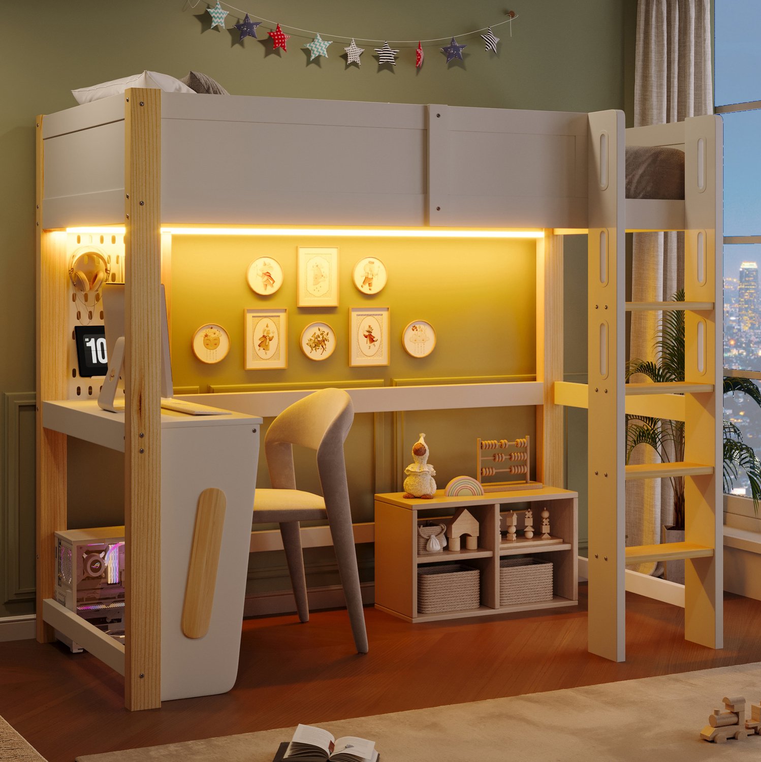 COVREO Hoogslaper met bureau en LED – 90x200 cm – Eenpersoonsbed met pegboard – voor slapen en leren – Naturel - zonder matras Natuurlijk