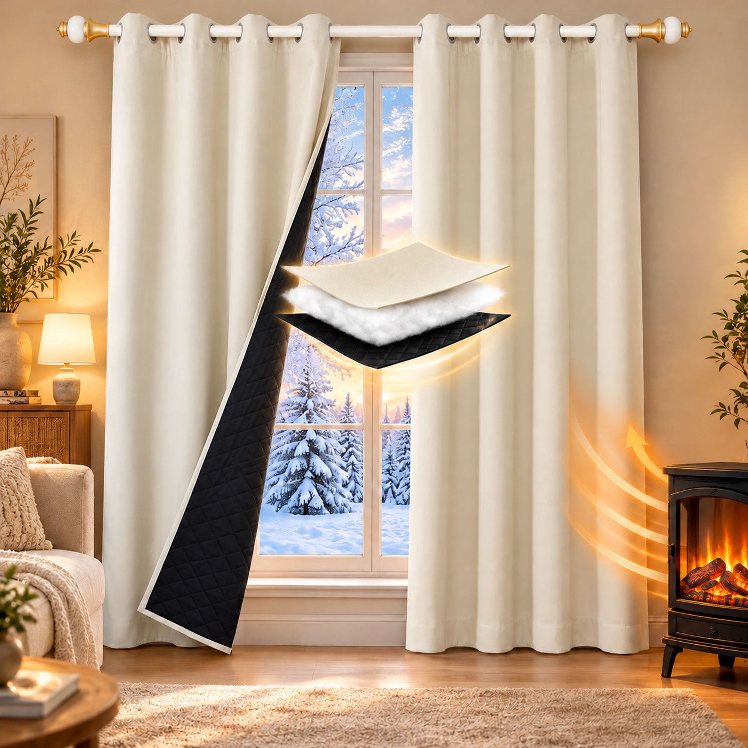 Qelus Set van 2 Gewatteerd Polyester Gordijn met Ringen - Beige - 132 x 213 cm - 3-laags Thermisch, Geluidsdempend en Lichtwerend - Zwarte Voering - Voor de Slaapkamer, Woonkamer en Binnendeuren Beige - 2 Stuks