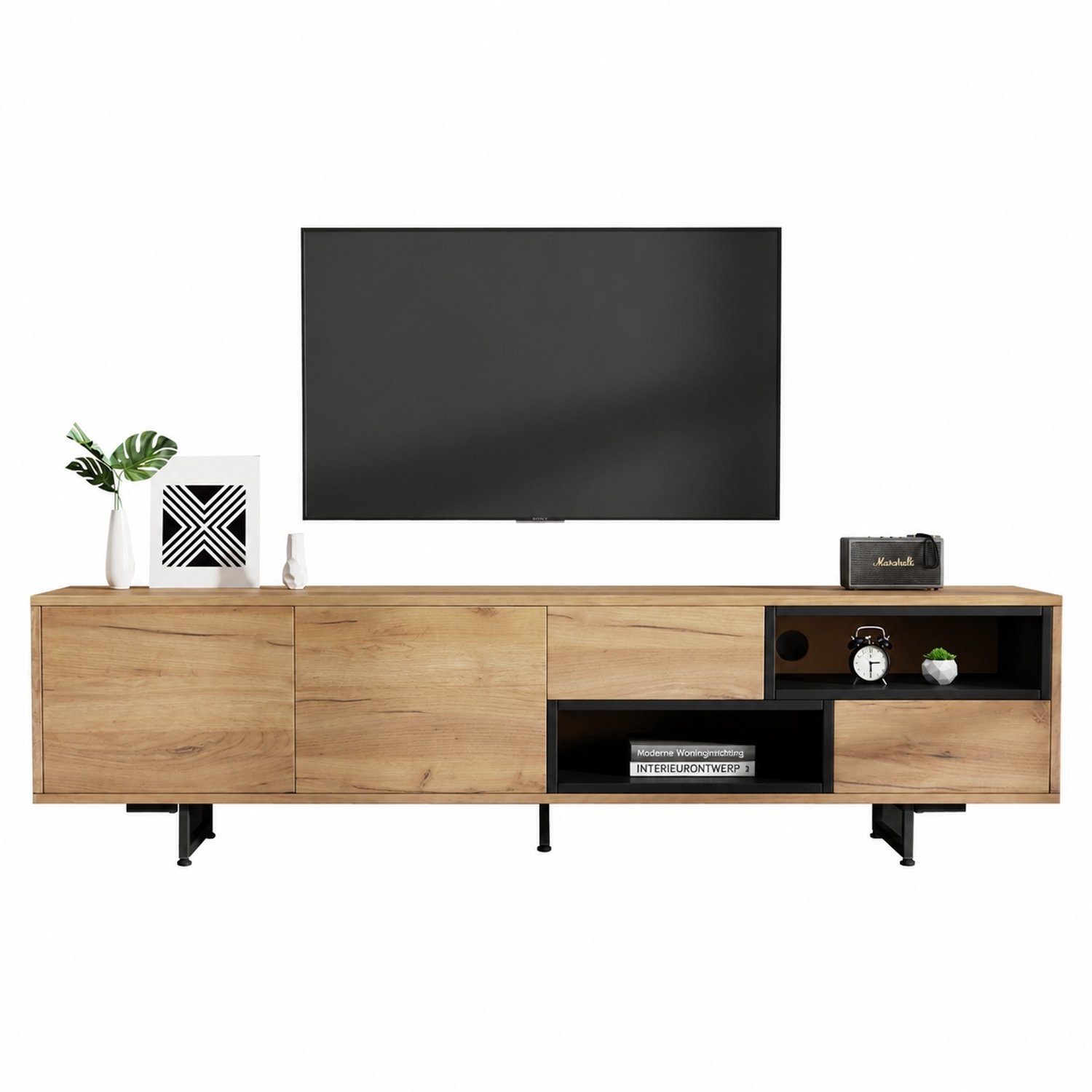 Welltin Tv-meubel - 2 Kastdeuren en 2 Lades - 2 Open Vakken - Kabeldoorvoer - Voor Tv tot 70 Inch - 173 x 38 x 48 cm - Houtkleur Houttint