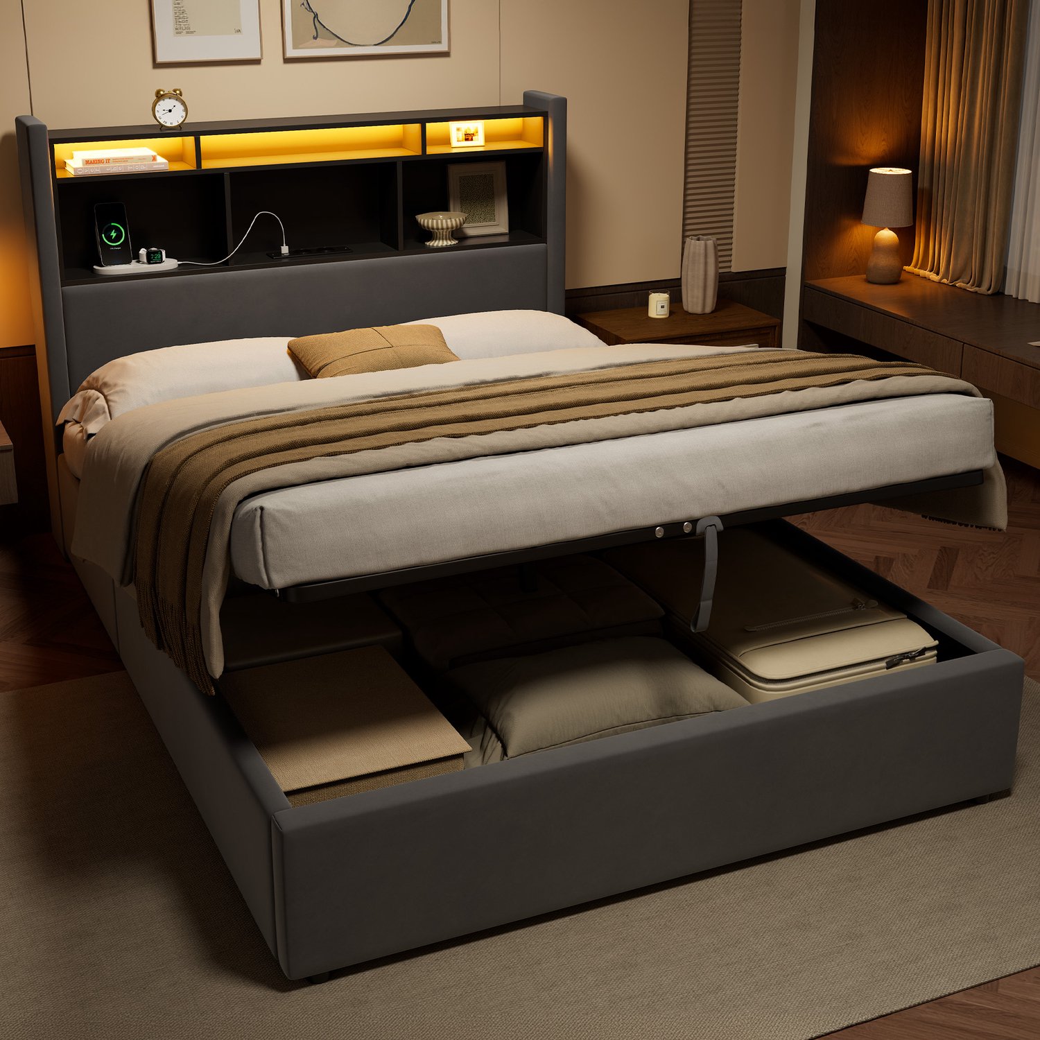 MIVRAY Gestoffeerd Bed 140x190cm - Bed Met Ledverlichting, Oplaadpunt En Hydraulische Opbergruimte Voor Slaapkamer - Fluweel - Donkergrijs