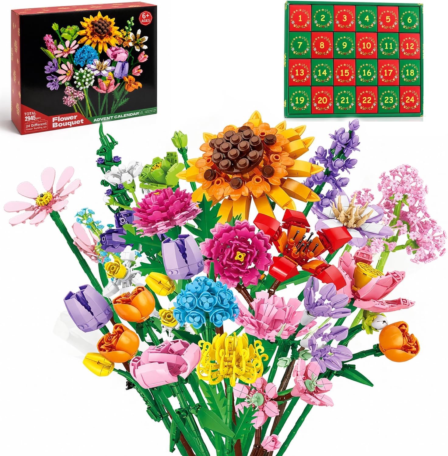 Bouwbare bloemenboeket-adventskalender 2026 – 24 bloemen om in elkaar te zetten – Creatieve kerstset voor kinderen vanaf 6 jaar en volwassenen – Feestelijk cadeau voor gezinsactiviteiten