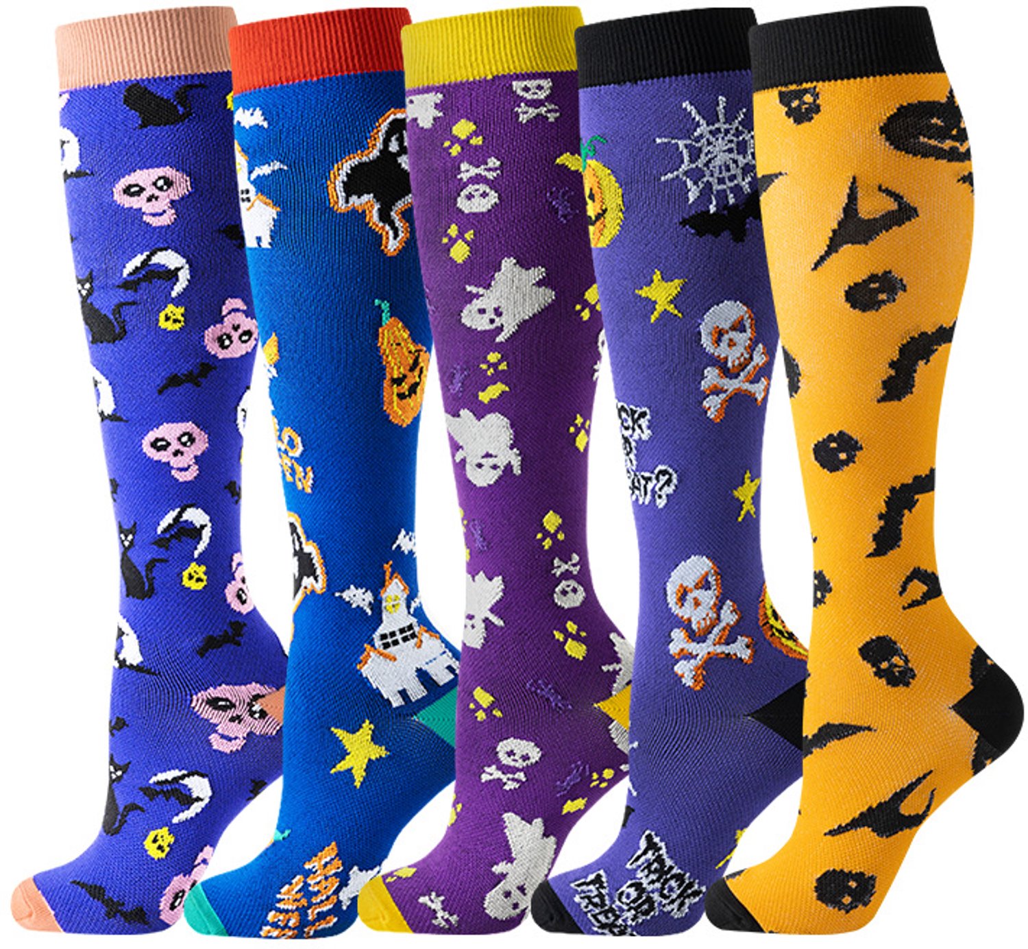 Halloween Compressiesokken - Set van 5 Paar - Sportsokken tot de Knie - Yogasokken - Kuitsokken - Maat L