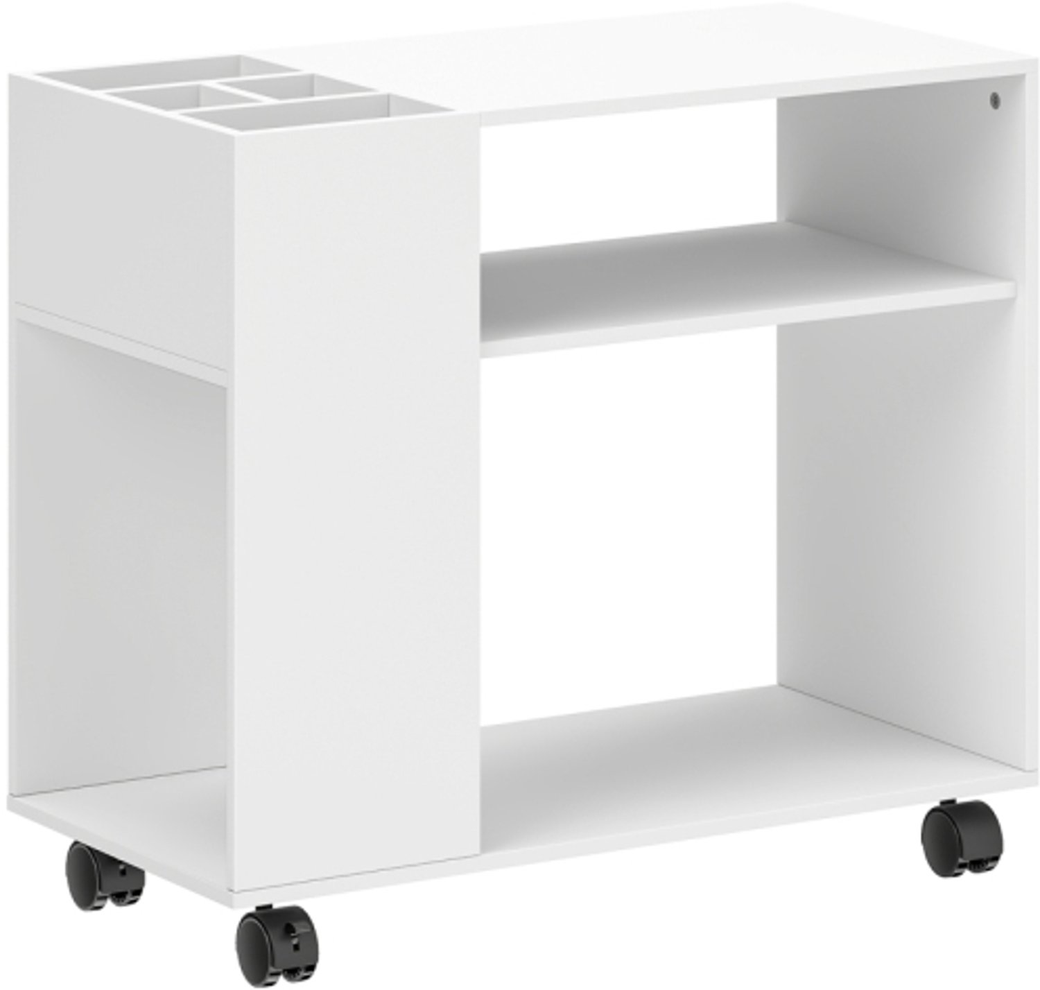 Printerstandaard met opbergvak, witte printertafel met open vakken en wielen, 70 × 34 × 60 cm, voor kantoor en thuiswerkplek