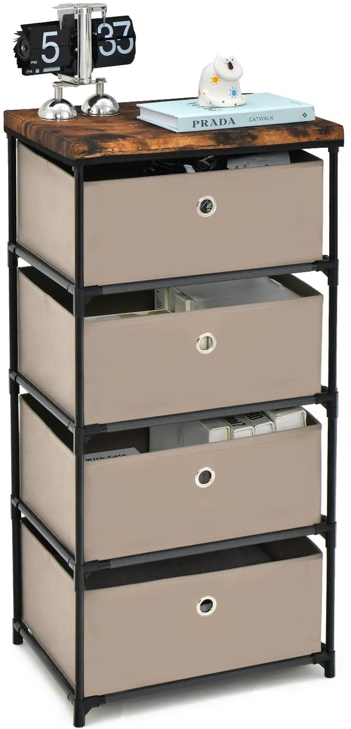Costway Nachtkastje met 4 laden, bijzettafel met metalen frame, commode, opbergkast, stoffen commode voor slaapkamer, woonkamer, hal, 42 x 33,5 x 84,5 cm (bruin)