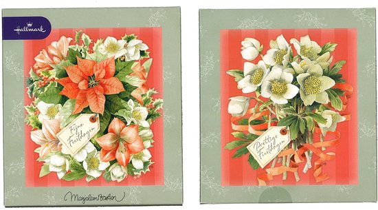Twee Hallmark-doosjes met kerstbloemontwerpen en tekst: Fijne Feestdagen en Prettige Feestdagen.