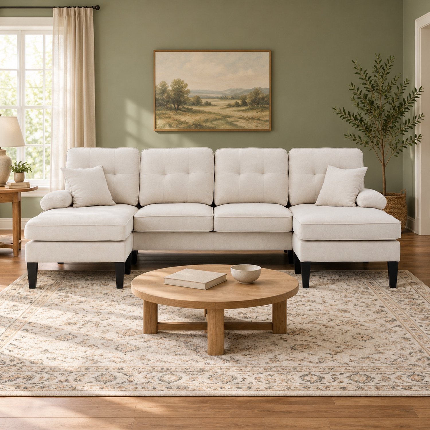 WUVRIE U-bank 250x130x88 cm - 4-zits met 2 chaise longues, opbergvakken en USB-C - Beige