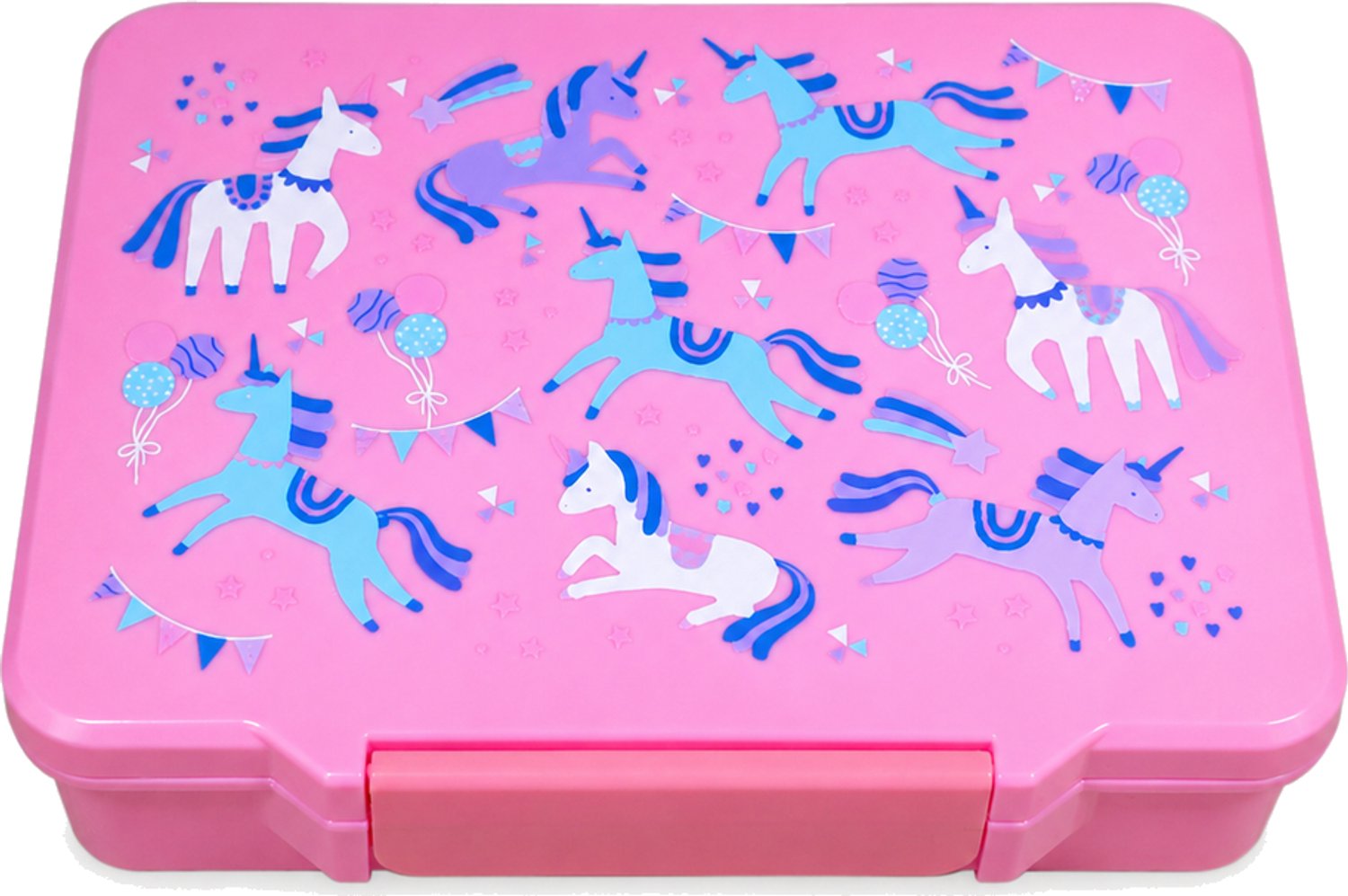Broodtrommel met vier vakken en roze eenhoornprint verpakking 23 x 17 x 5,5 cm
