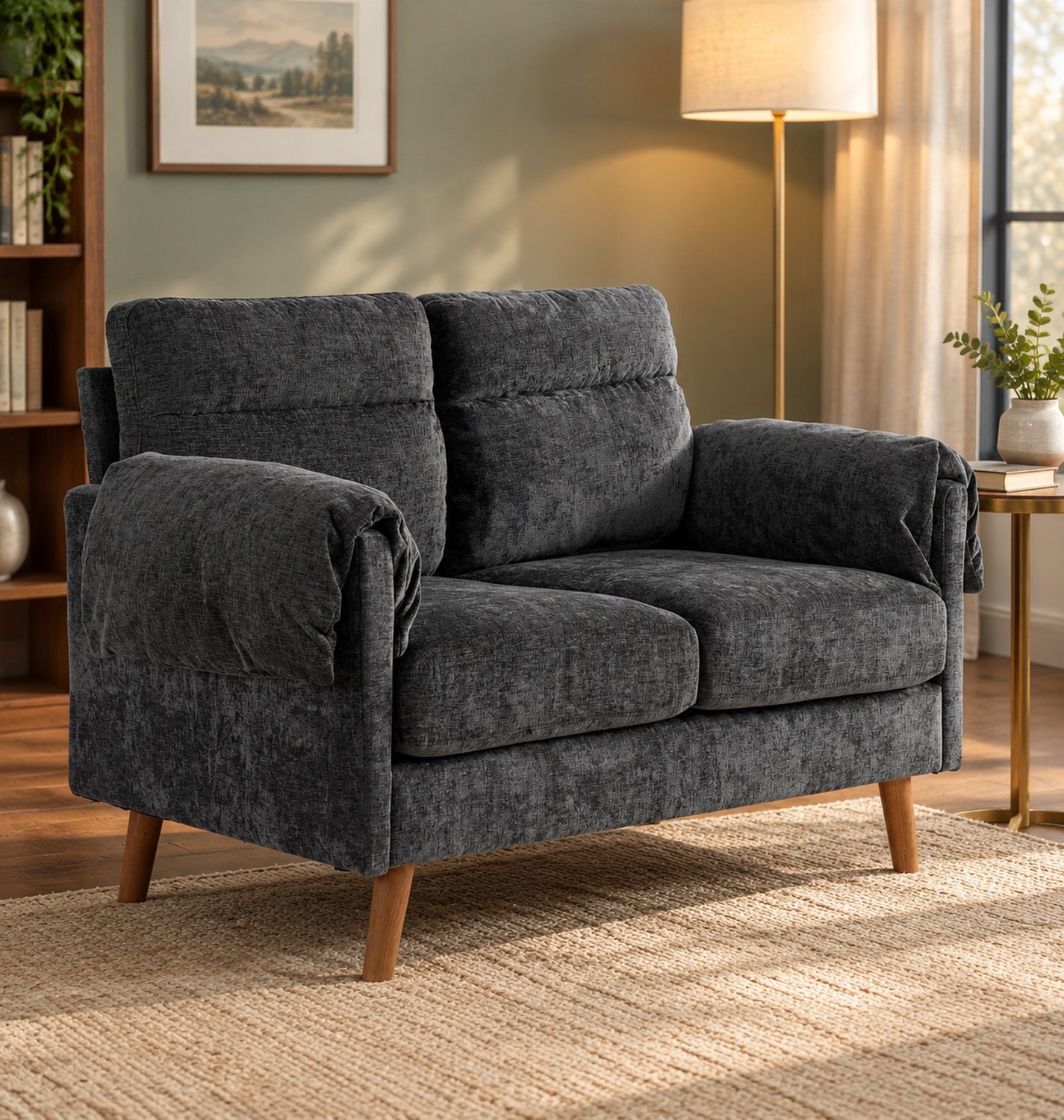 WUVRIE 2-zitsbank 124x70x85 cm - Chenille bekleding en poten met houtlook - Zwart