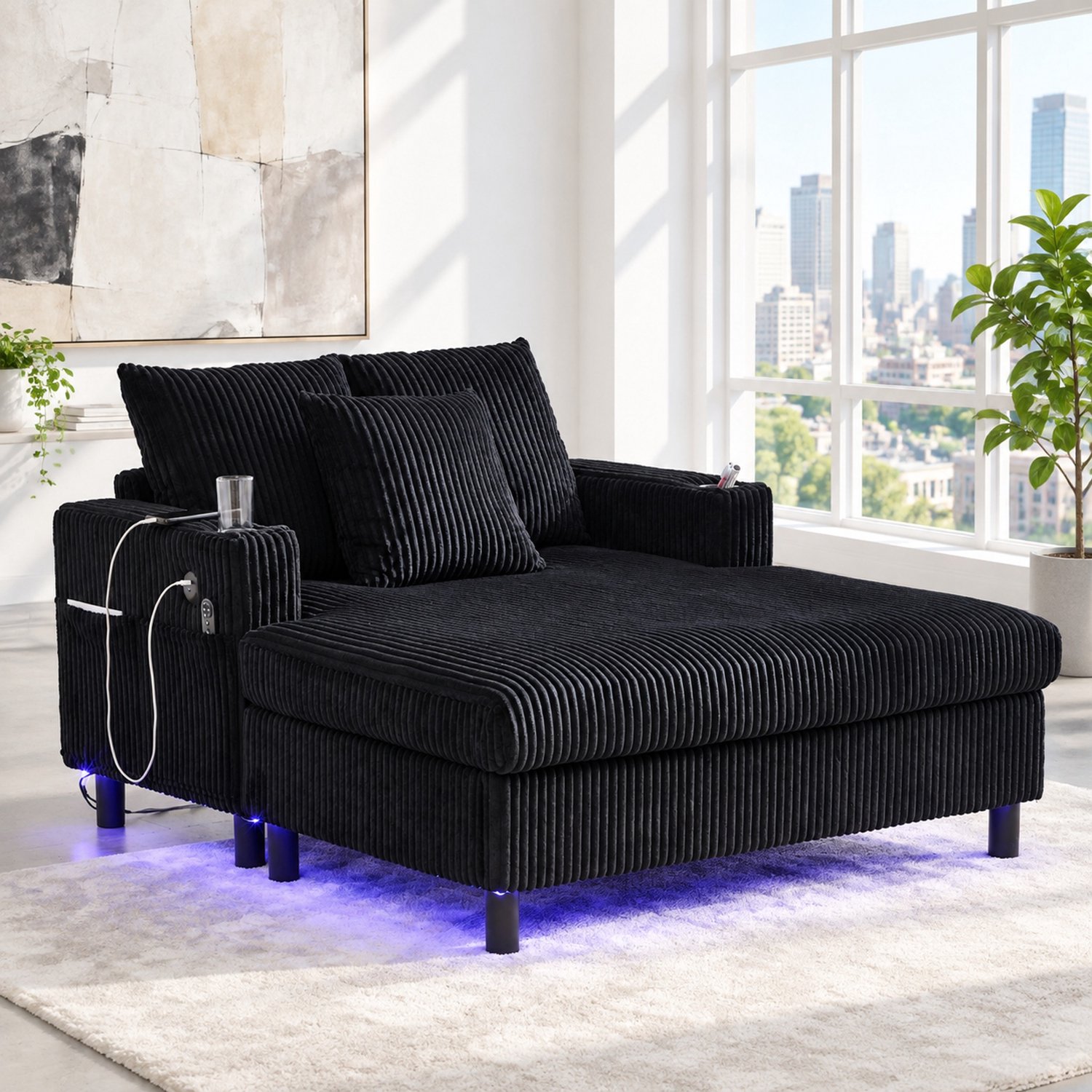 WUVRIE Chaise longue 142x128x85 cm - USB-aansluiting, LED-verlichting en drankhouder - Zwart
