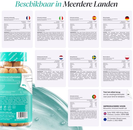 Overzicht van ingrediënten en voedingswaarden van Novomins vezelgummies in verschillende talen, waaronder Nederlands.