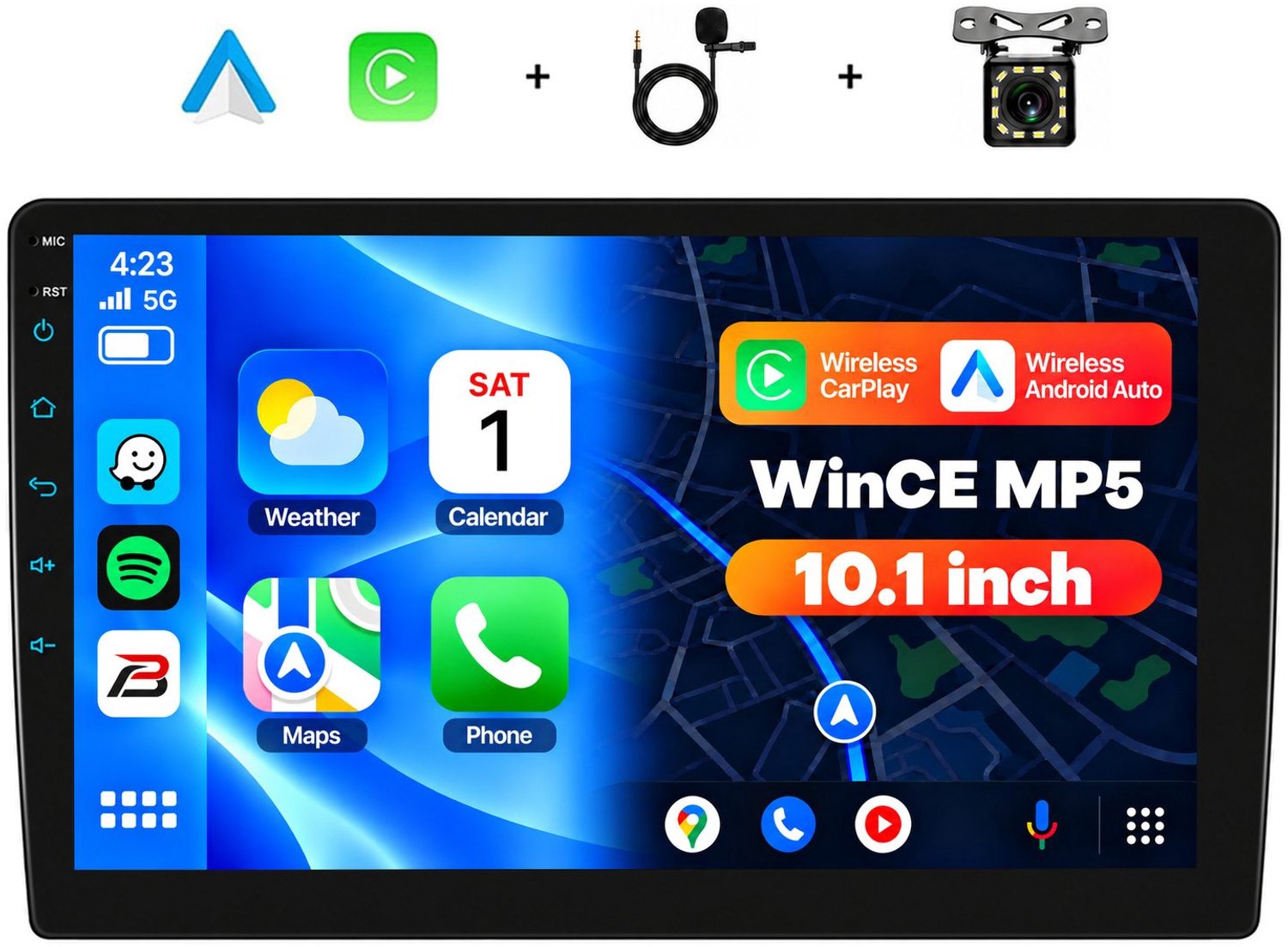 Boscer 2 Din Autoradio met Draadloos Apple CarPlay & Android Auto - 10.1 Inch IPS Scherm - Universeel Dubbel Din - Bluetooth, Handsfree Bellen & FM Radio - Achteruitrijcamera & Microfoon