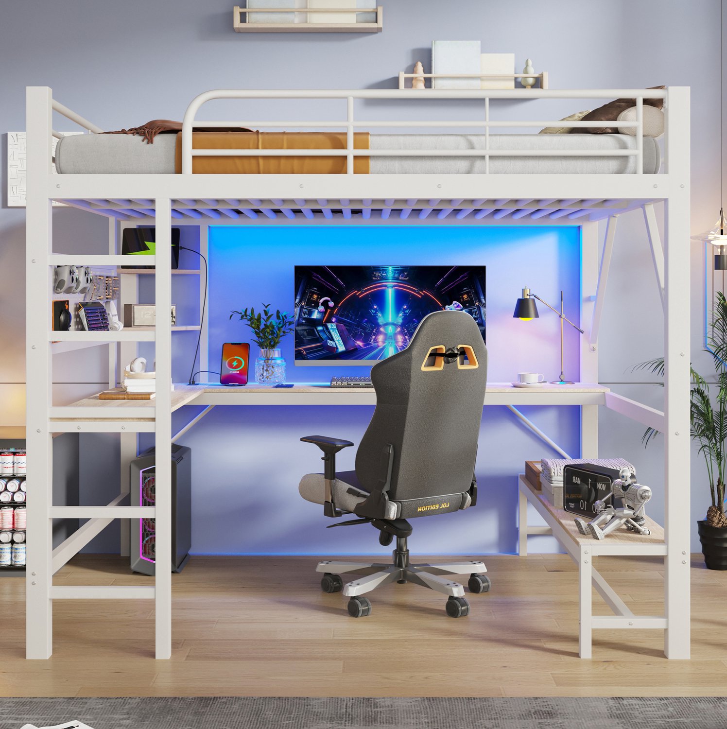 MIVRAY Hoogslaper 160 x 200 cm - Met Bureau, Ledverlichting en USB C Aansluiting - Zonder Matras en Opbergruimte - Metaal en MDF - Wit