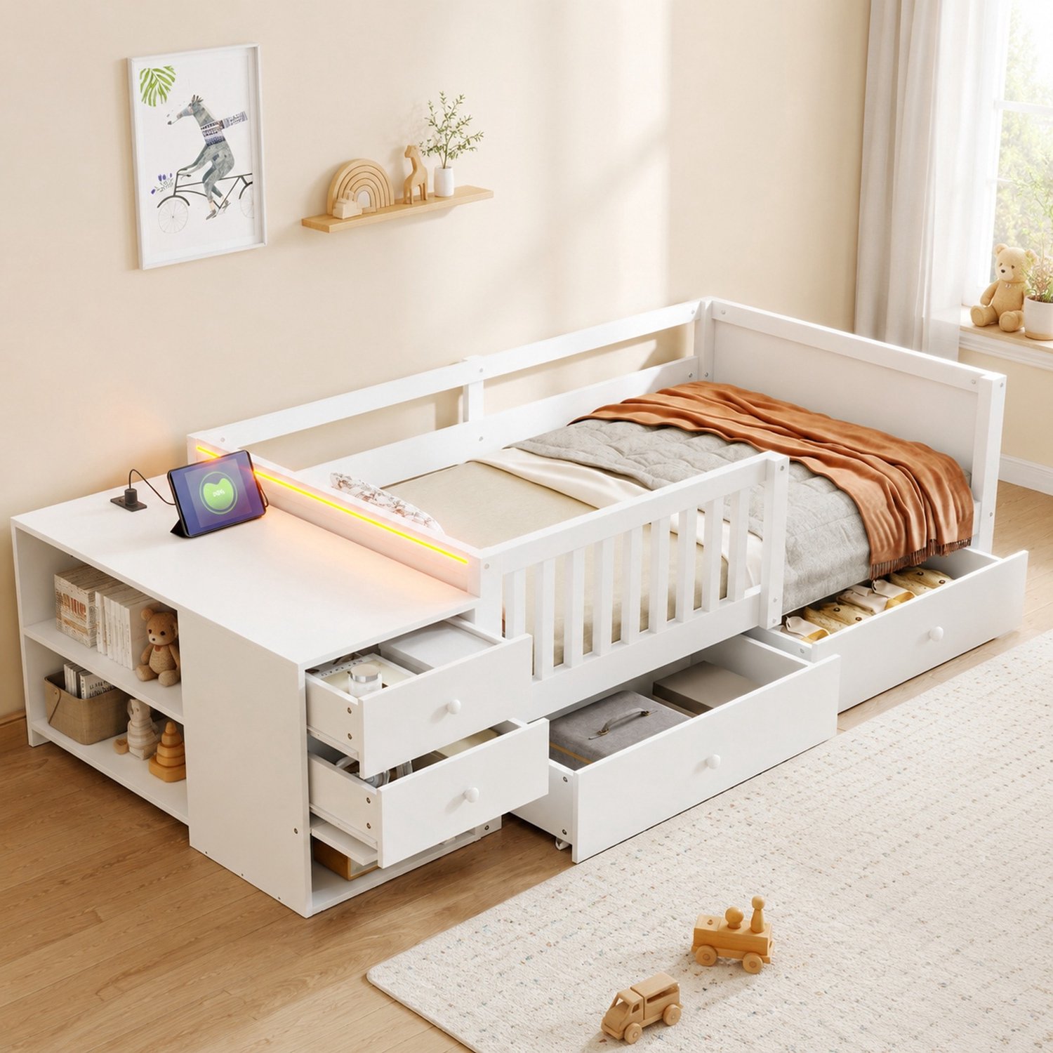 DESMIU Hoogslaper 90 x 200 cm – Kinderbed met Bureau en Opbergruimte – Ledverlichting en Stopcontact – Hout, Metaal en MDF – Wit – Zonder Matras
