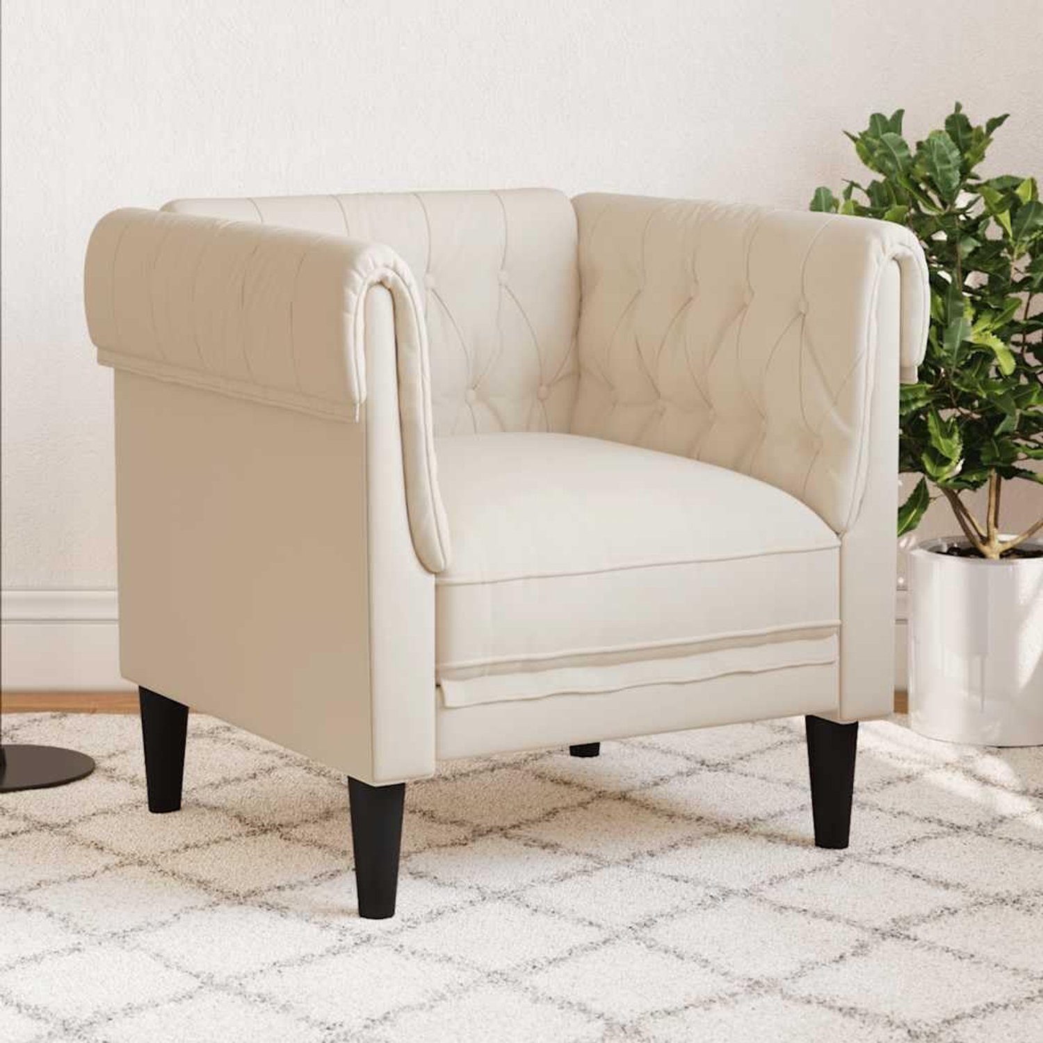 Chesterfield Linnen Fauteuil Crème – Luxe Gestoffeerde Oorfauteuil met Gewatteerde Zitting, Comfortabele Armleuningen en Klassiek Design, 78,5 x 74,5 x 74,5 cm – Novihome