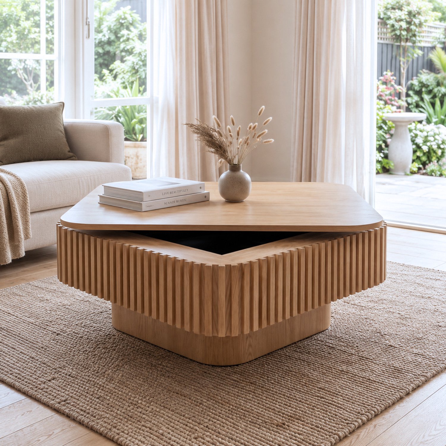STILVORA Salontafel - Vierkant Met Verborgen Opbergruimte En Afneembaar Blad - Voor Woonkamer Of Kantoor - Hout En MDF - 75x75x35 Cm - Natuurlijk Hout