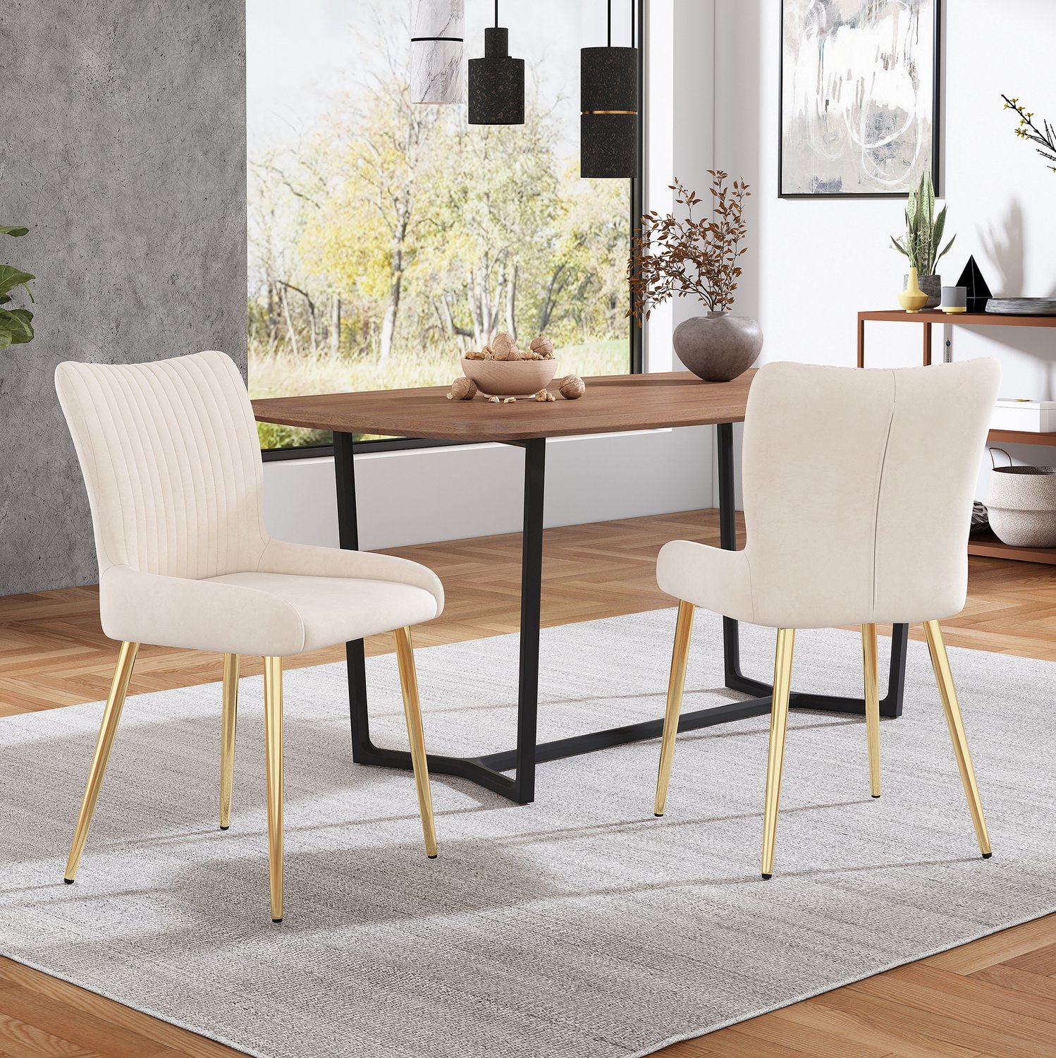 Maisentiel Eetkamerstoel 2-delig – 85 x 47 cm – velvet met metalen poten – beige/goud